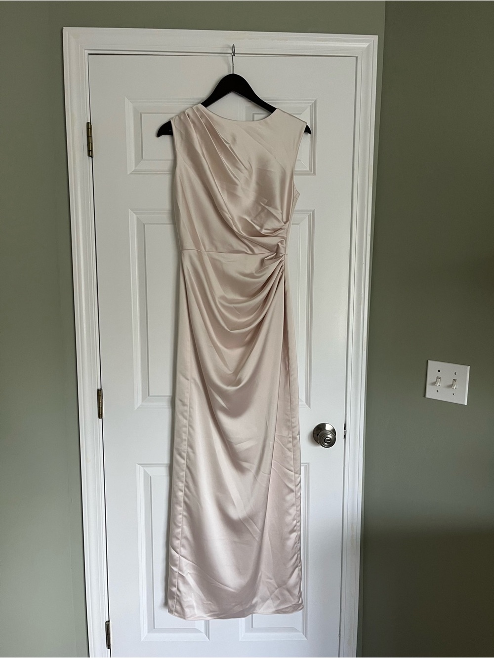High Neck Sleeveless Cap Shoulder Satin Maxi Dress in Oat Color — NWT